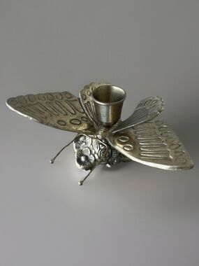 Vintage Lg Solid Brass Butterfly Candle Holder Flower Base Detailed Wings 5.5”